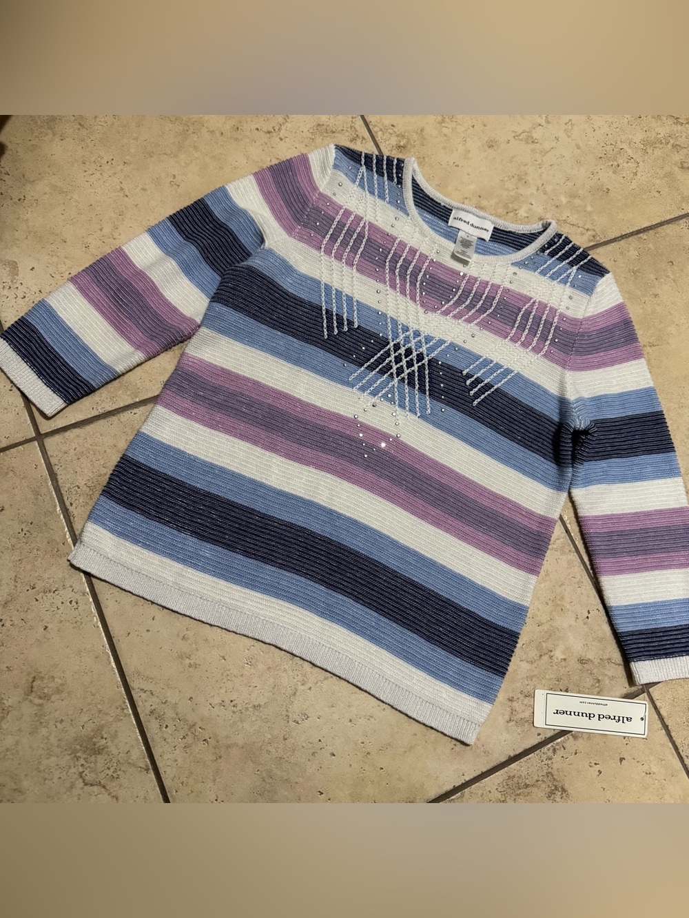 Alfred Dunner Striped Crewneck Sweater - Blue, Purple & White